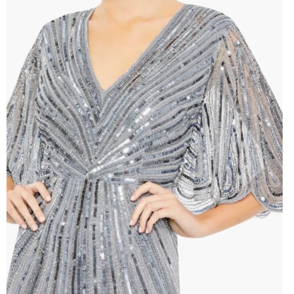 MAC DUGGAL 93583 SEQUINED V-NECK CAPE SLEEVE COLUMN SLATE BLUE GOWN sz 18 - Picture 3 of 4
